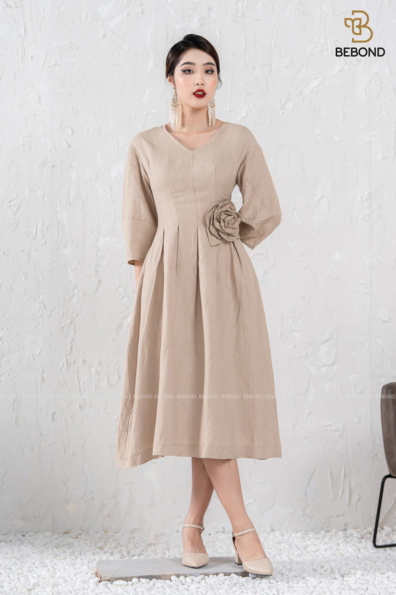 Đầm midi tay lửng màu BE- Sadie Dress