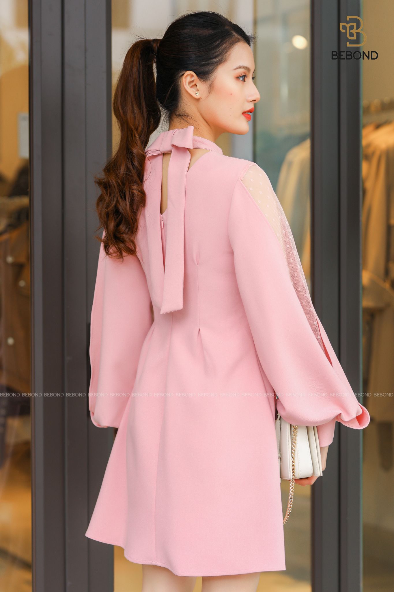 Váy phối ren nơ cổ màu hồng phấn - Amity Dress