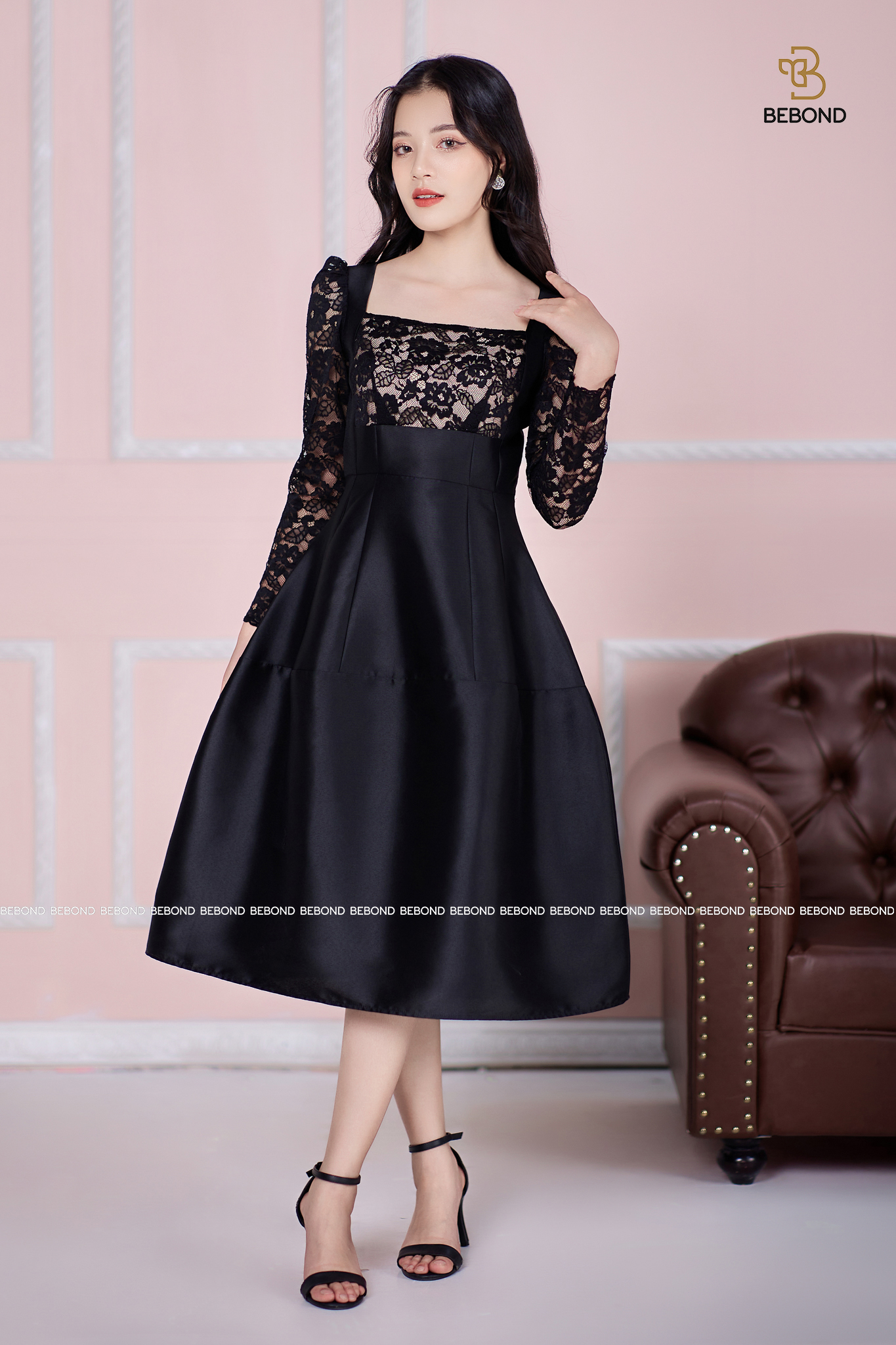 Đầm Tafta phối ren màu đen - Andrea Dress