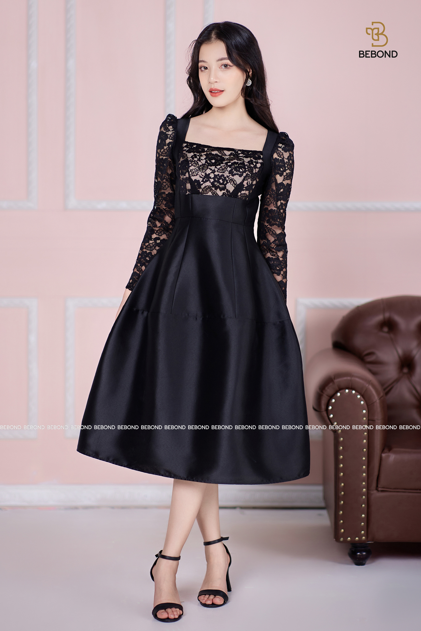 Đầm Tafta phối ren màu đen - Andrea Dress