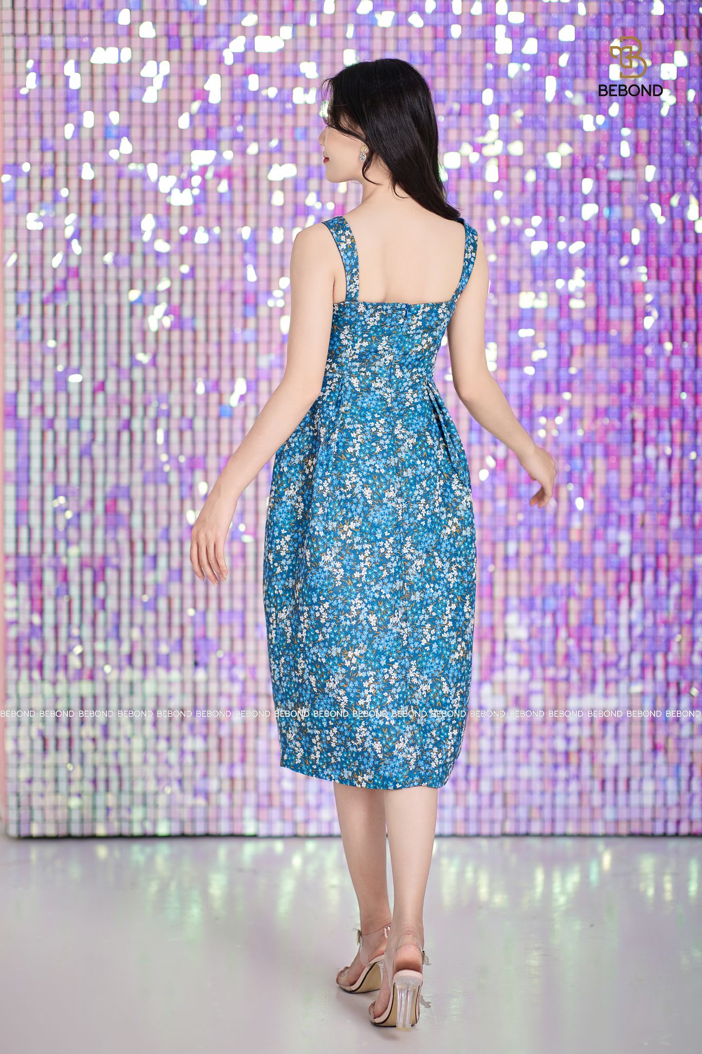 Váy hai dây gấm hoa xanh - Aurora Dress