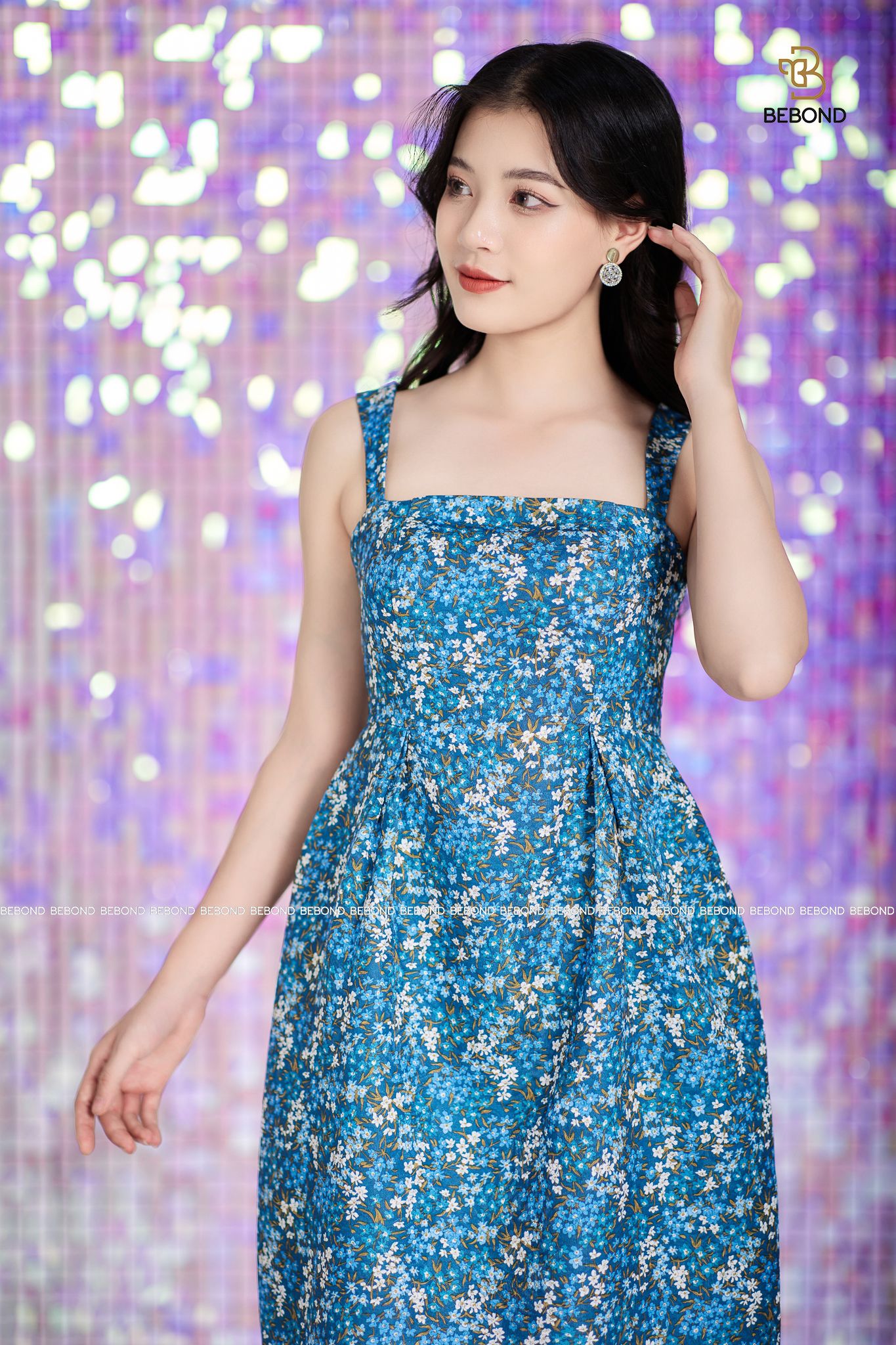 Váy hai dây gấm hoa xanh - Aurora Dress