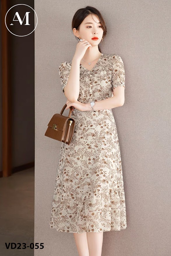 Đầm hoa nhí nâu cổ điển VILYA cổ V hai tầng VD23-055