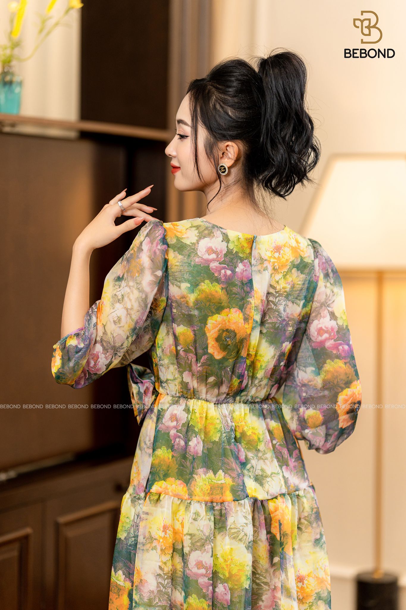 Đầm xòe tơ óng in hoa 3D - Hoa Hồng Xanh - Stella Dress