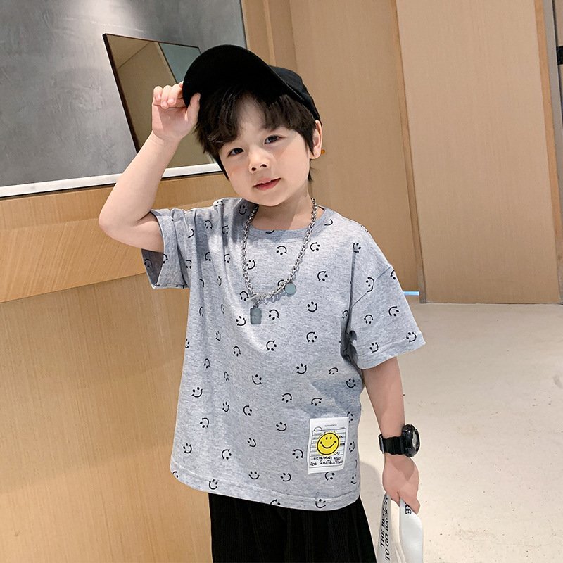 Áo thun bé trai Hàn Quốc ngắn tay cotton in hình mặt cười cá tính ...