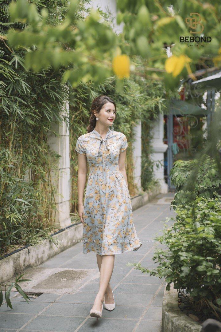 Đầm xòe nơ cổ - hoa xanh