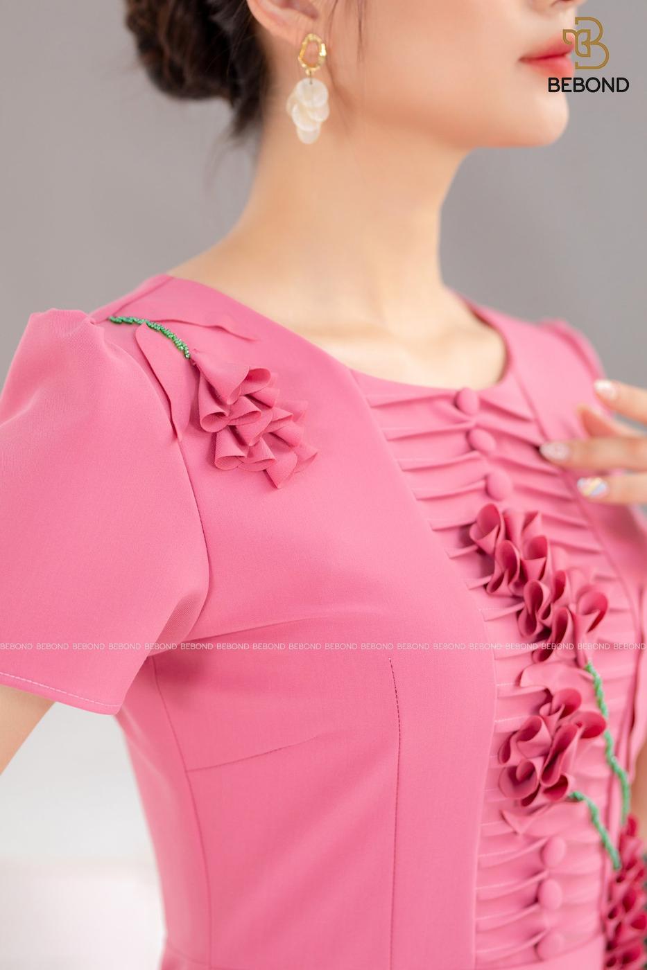 Đầm xòe đính hoa nấm màu hồng- JESSI