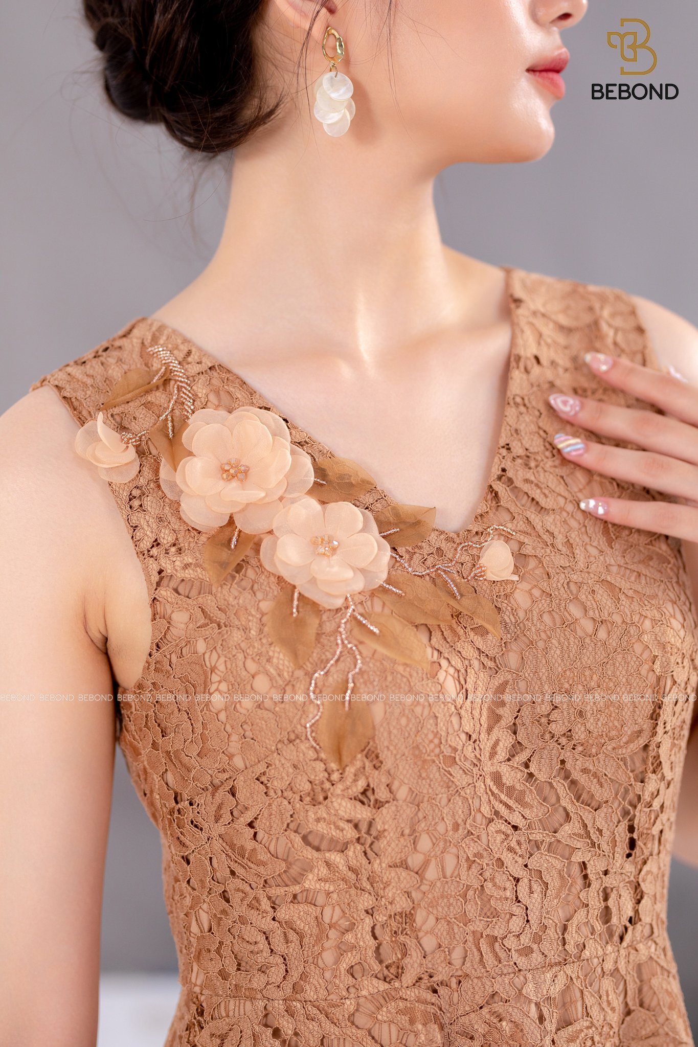 Đầm ren NÂU TÂY đính hoa- Lily Dress