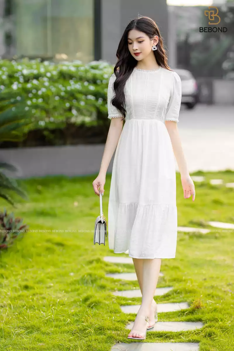 Đầm đũi trắng phối ren - Stunie Dress