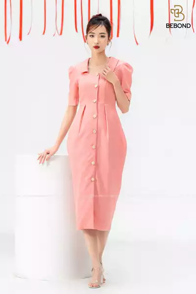 Đầm gấm HỒNG cúc vàng - Kalia Dress
