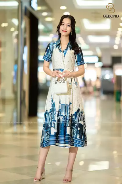 ĐẦM LỤA TRẮNG HỌA TIẾT XANH CỔ ĐỨC- JULIA DRESS