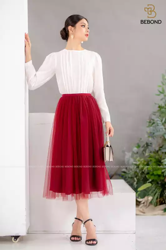 Chân váy voan dập ly màu ĐỎ