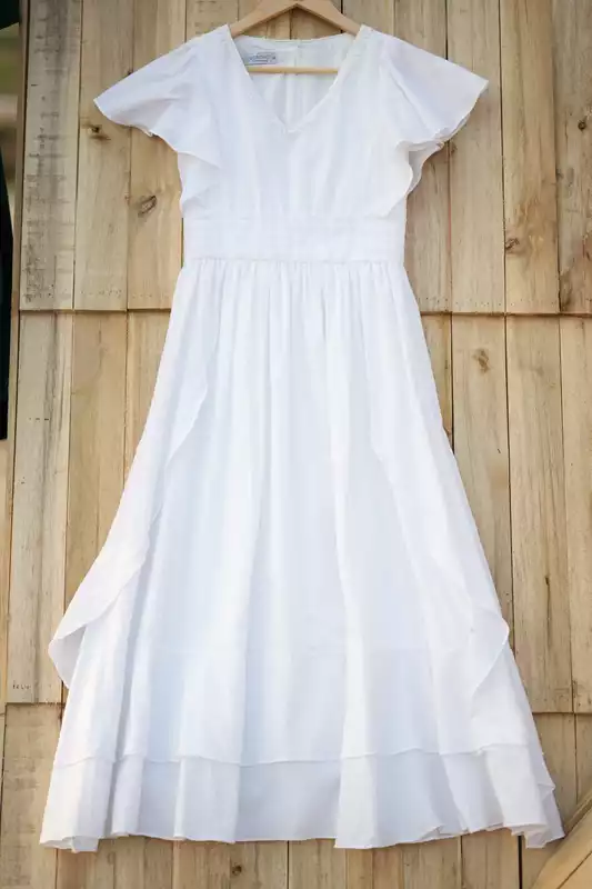 ĐẦM MAXIM TRẮNG CỔ TIM TAY BÈO- LILYBELLE DRESS