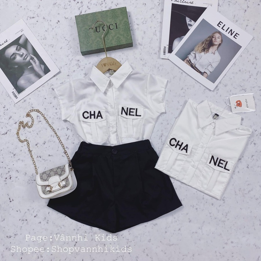 Áo Sơ Mi Nữ Tay Dài Cổ Vest Đính Tag Chanel